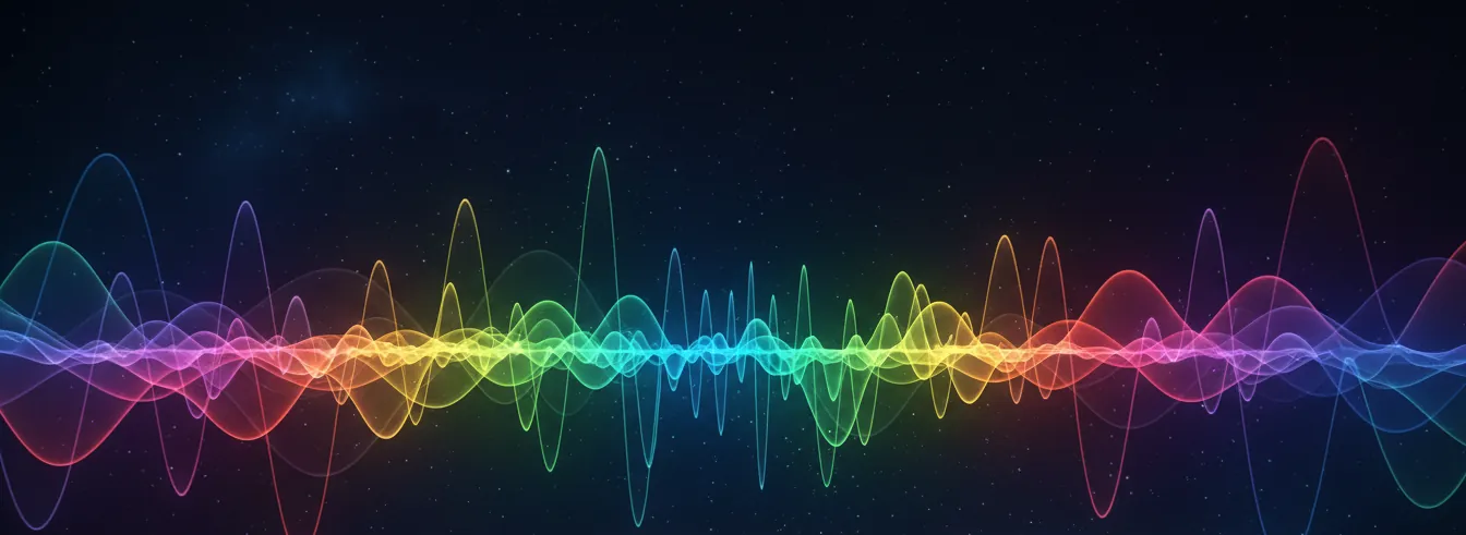 Rainbow sound frequency waveform against a starfield